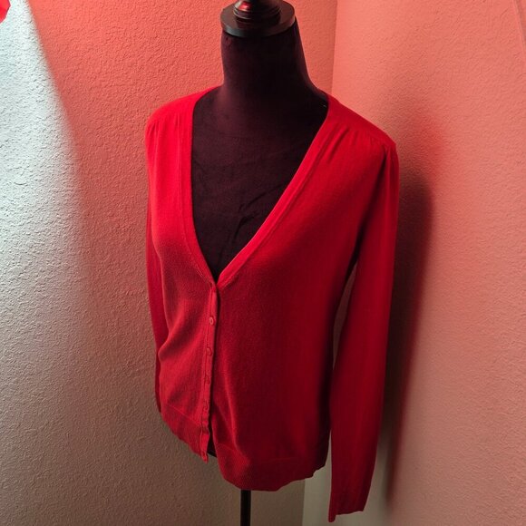 Loft Red Cotton V-Neck Button Cardigan Sweater | Size Small - Picture 1 of 12